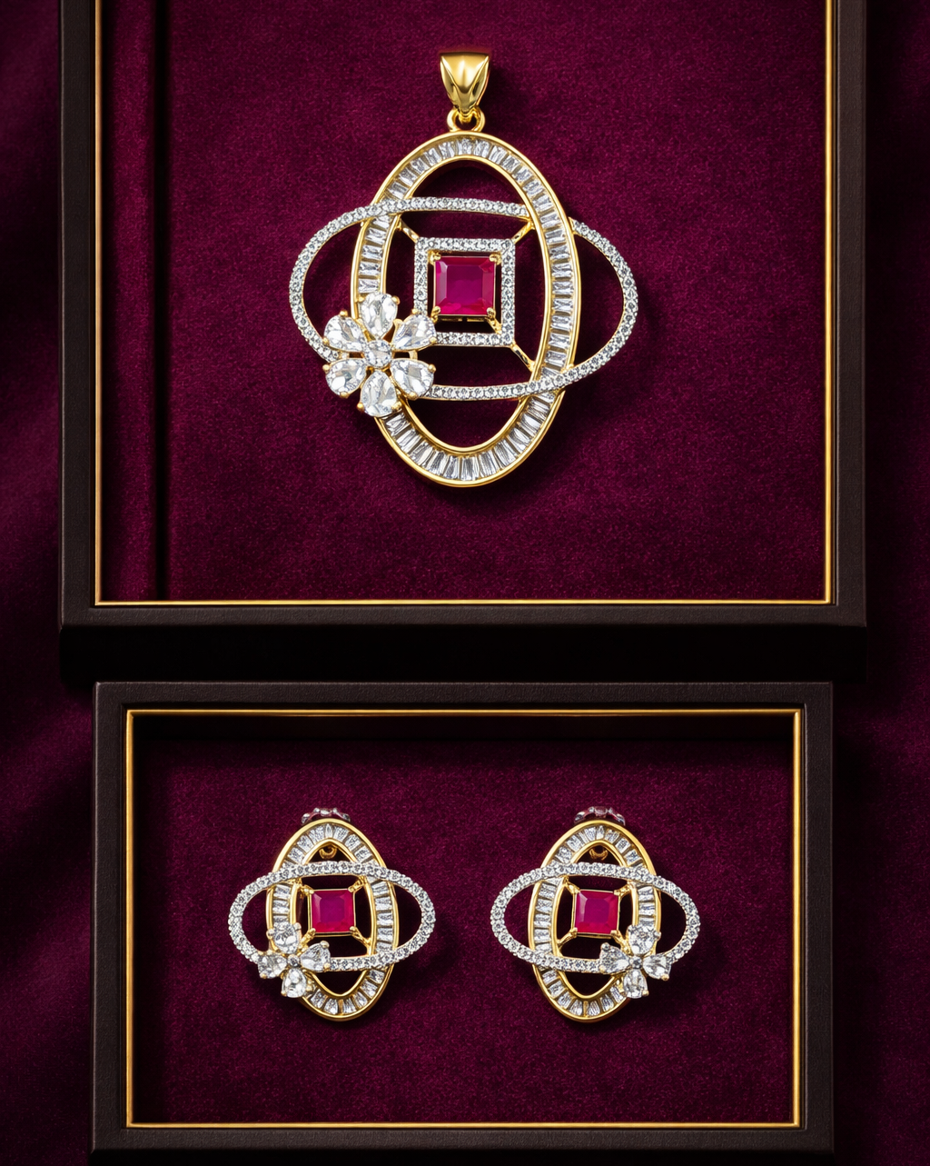 Luxury ruby pink square stone geometric pendant necklace with earrings in gold finish, premium jewellery to buy online