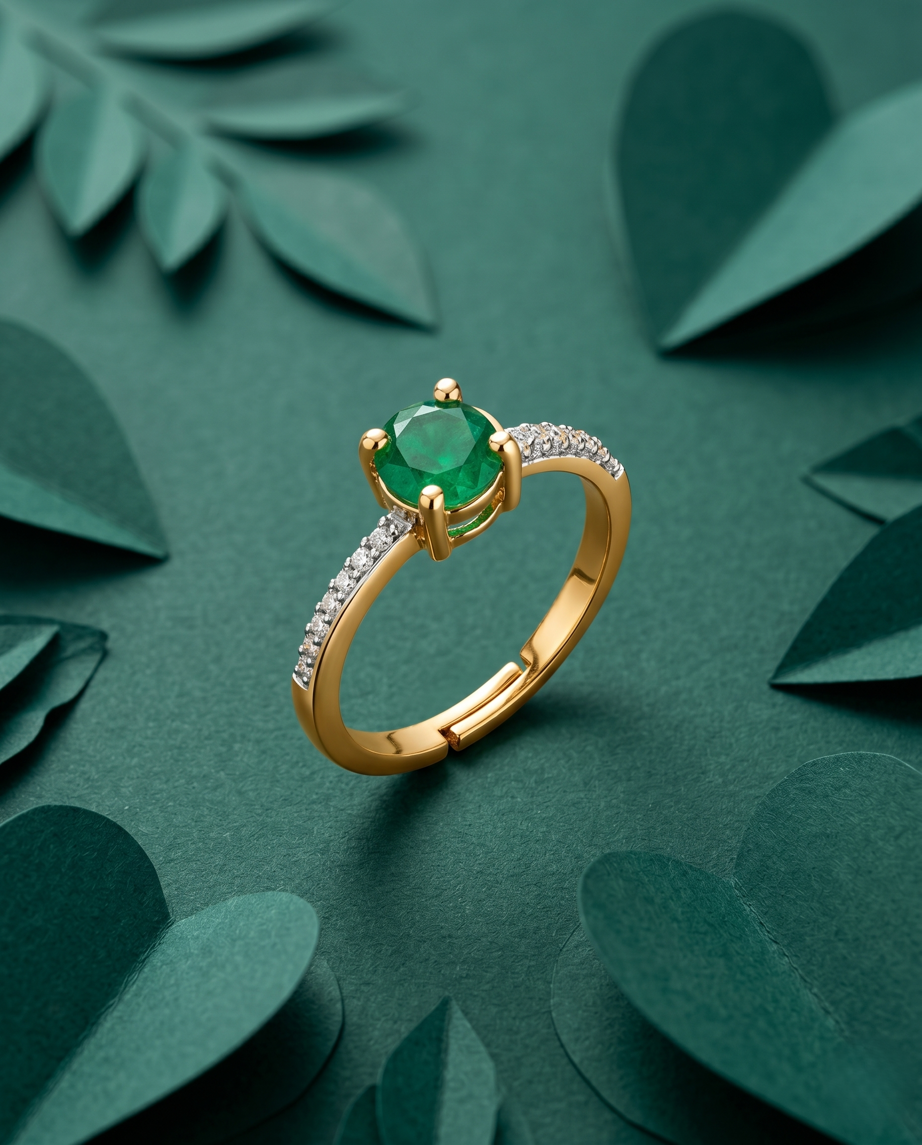 Gold ring with a green gemstone on a green leafy background
