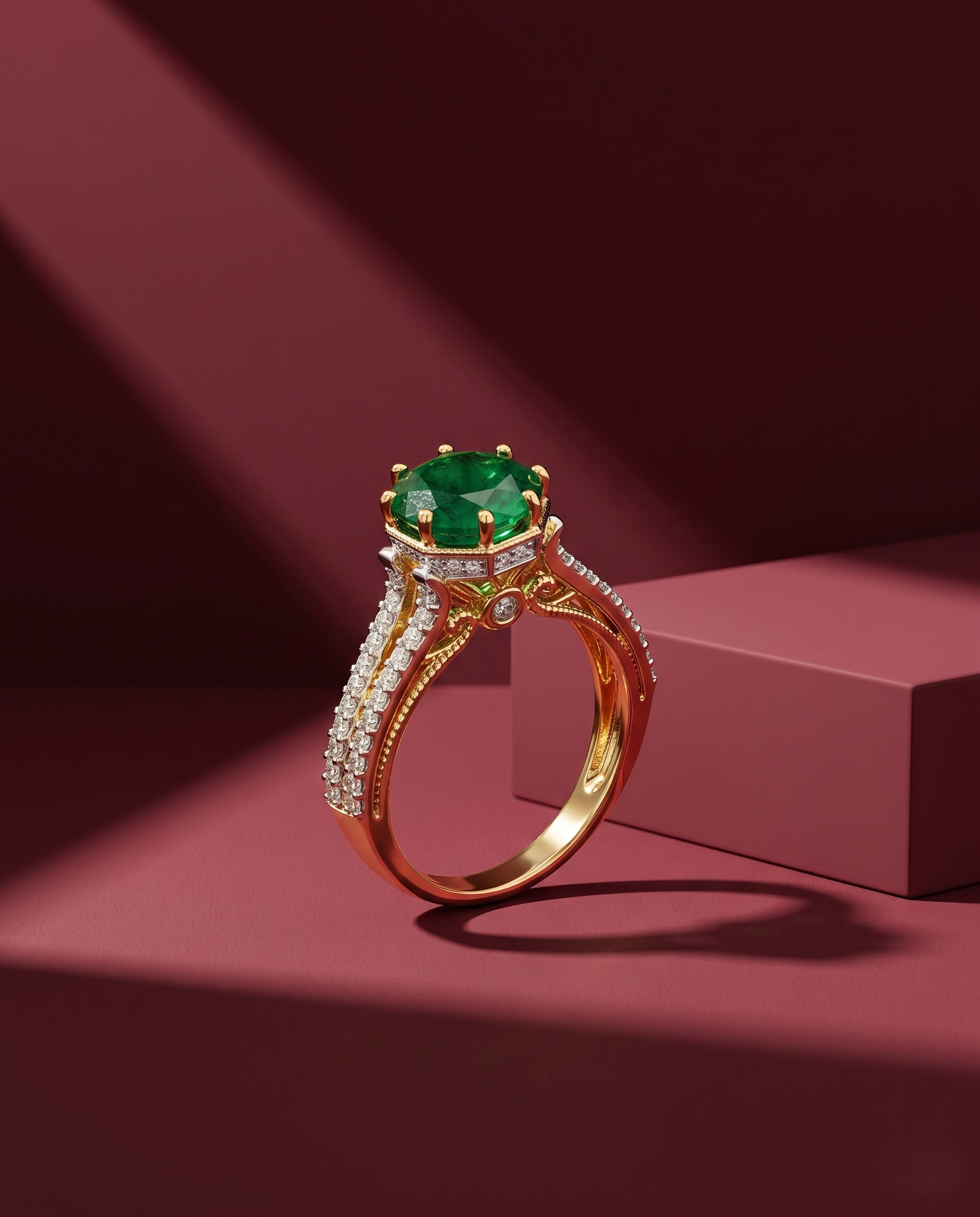 Gold ring with a green gemstone on a red background