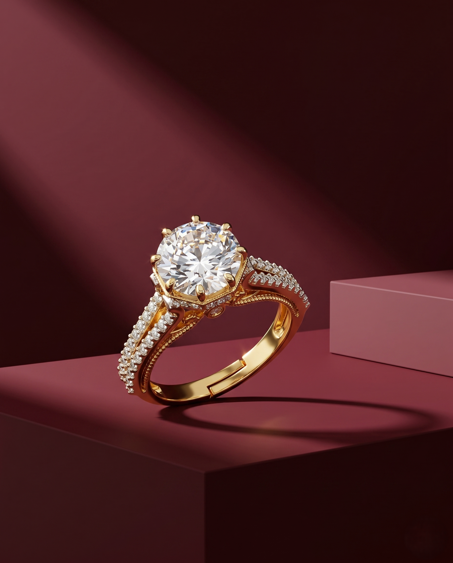 Gold ring with a large diamond on a red background