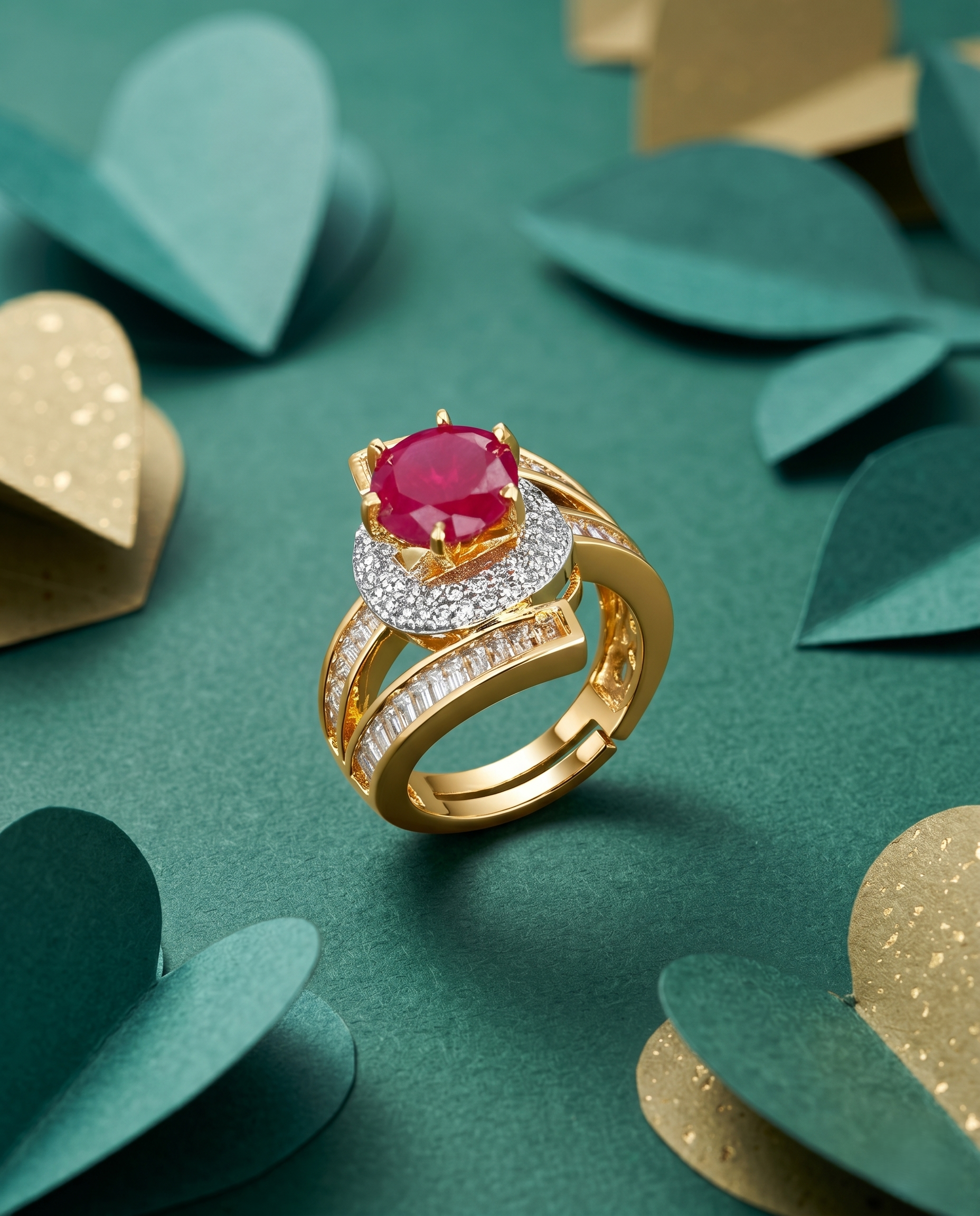 Gold ring with a red gemstone on a green background