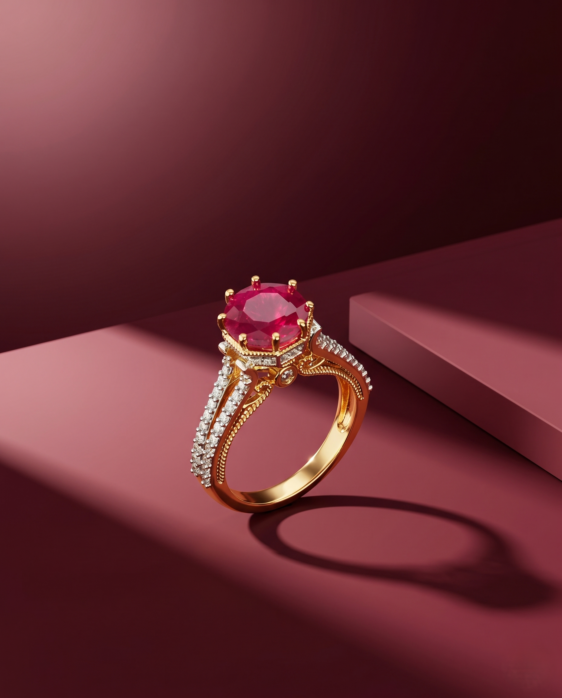 Gold ring with a red gemstone on a maroon background