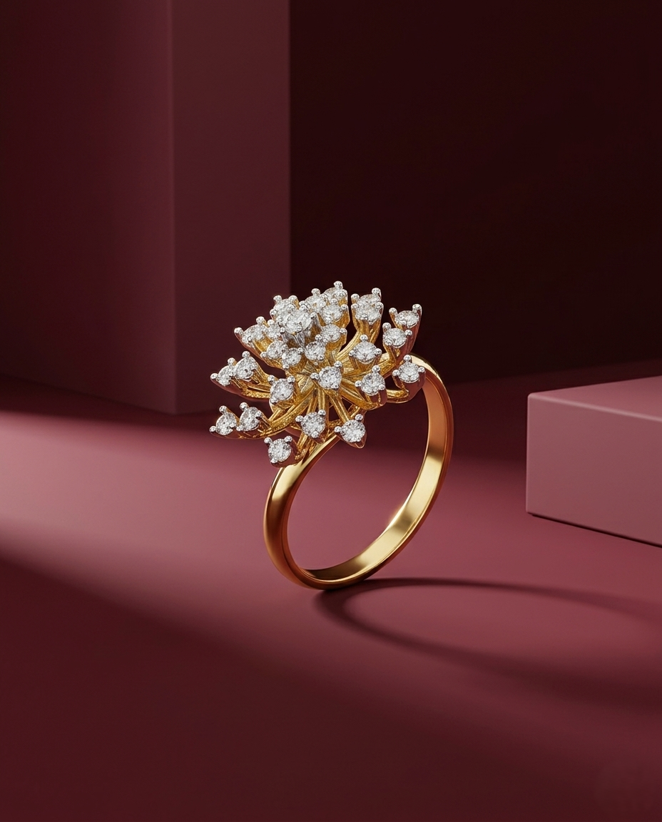 Gold ring with diamond cluster on a red background