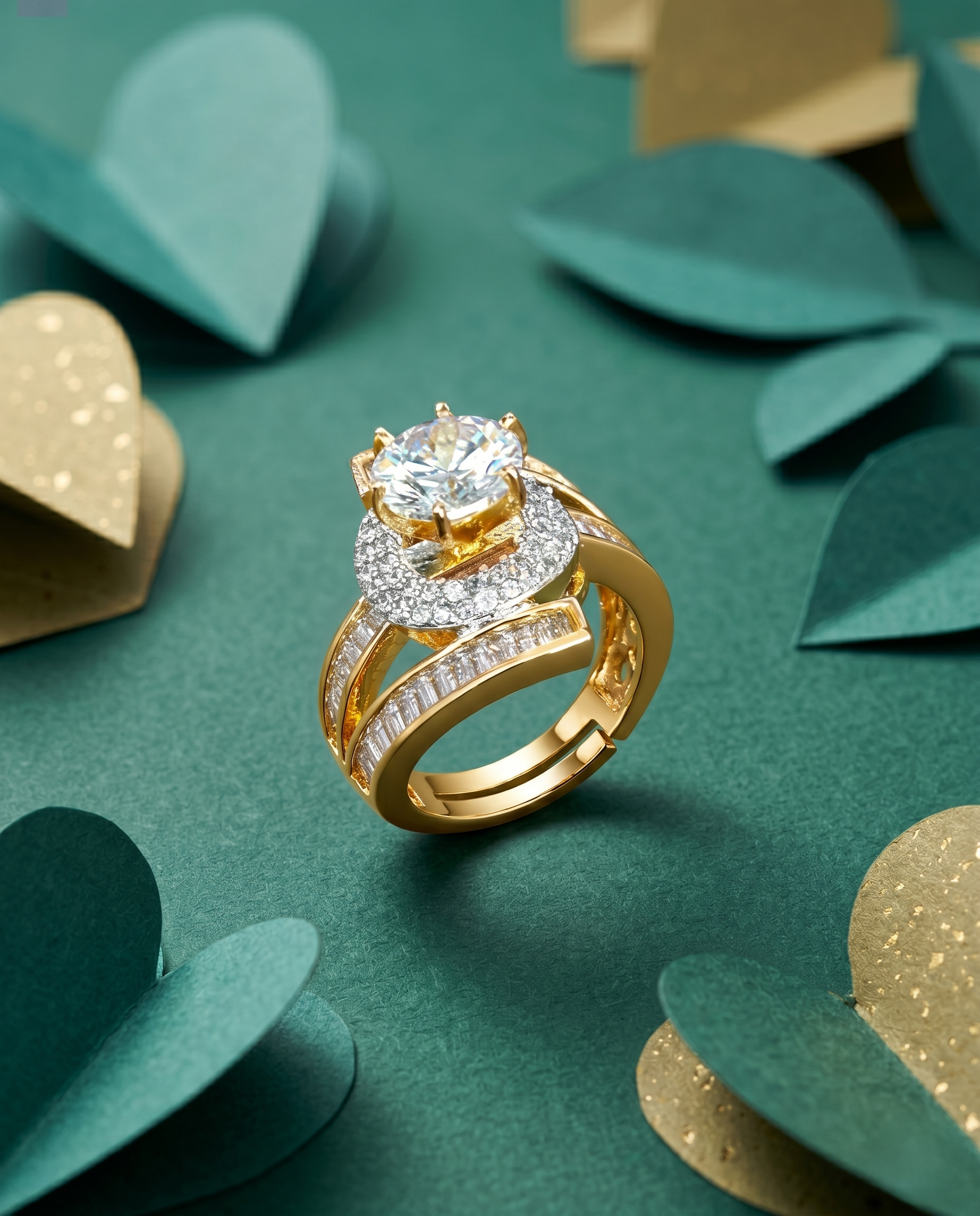 Gold ring with diamond on a green background
