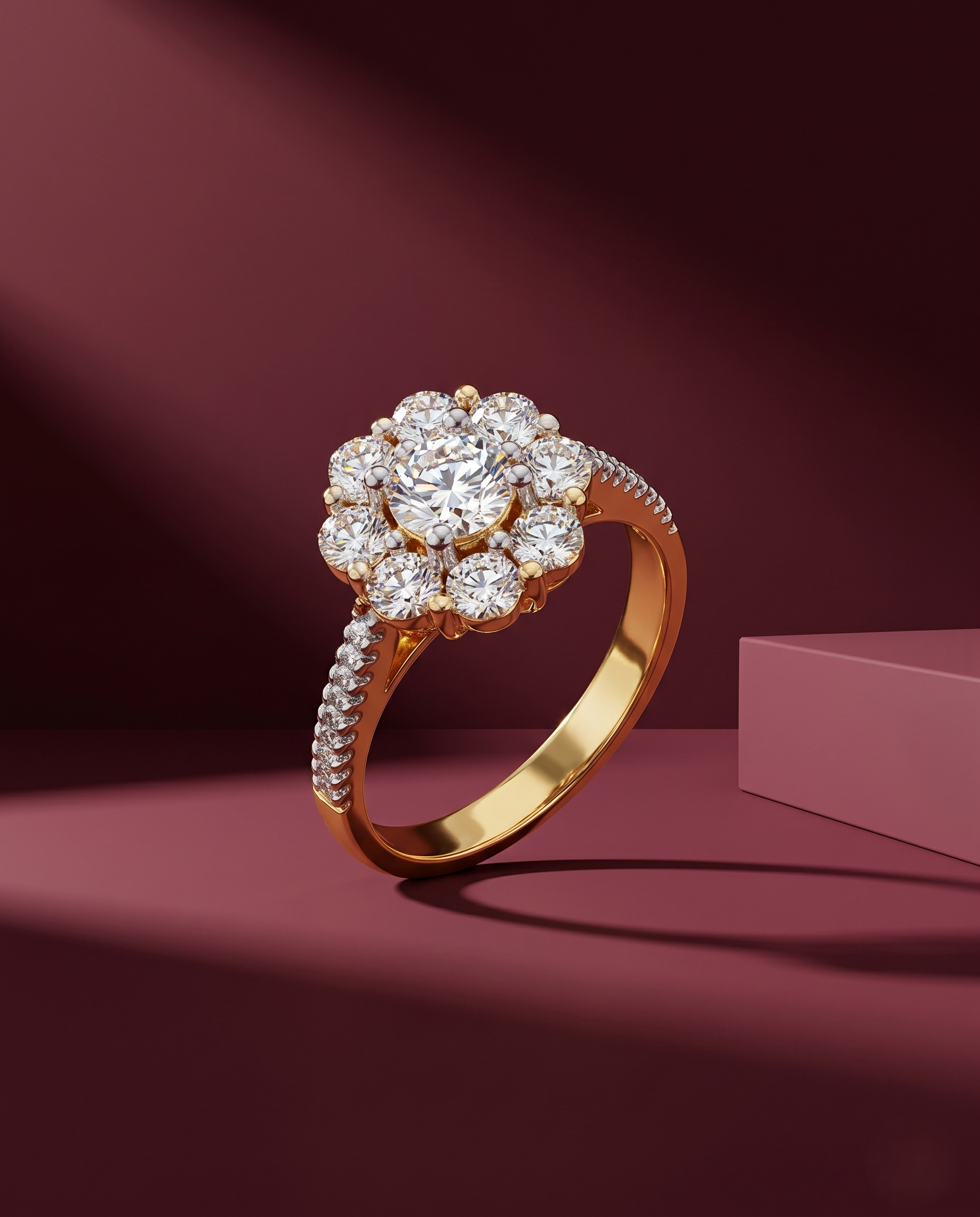 Gold ring with diamonds on a maroon background