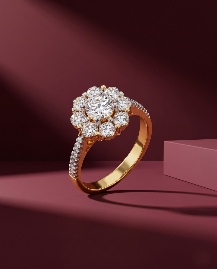 Gold ring with diamonds on a maroon background