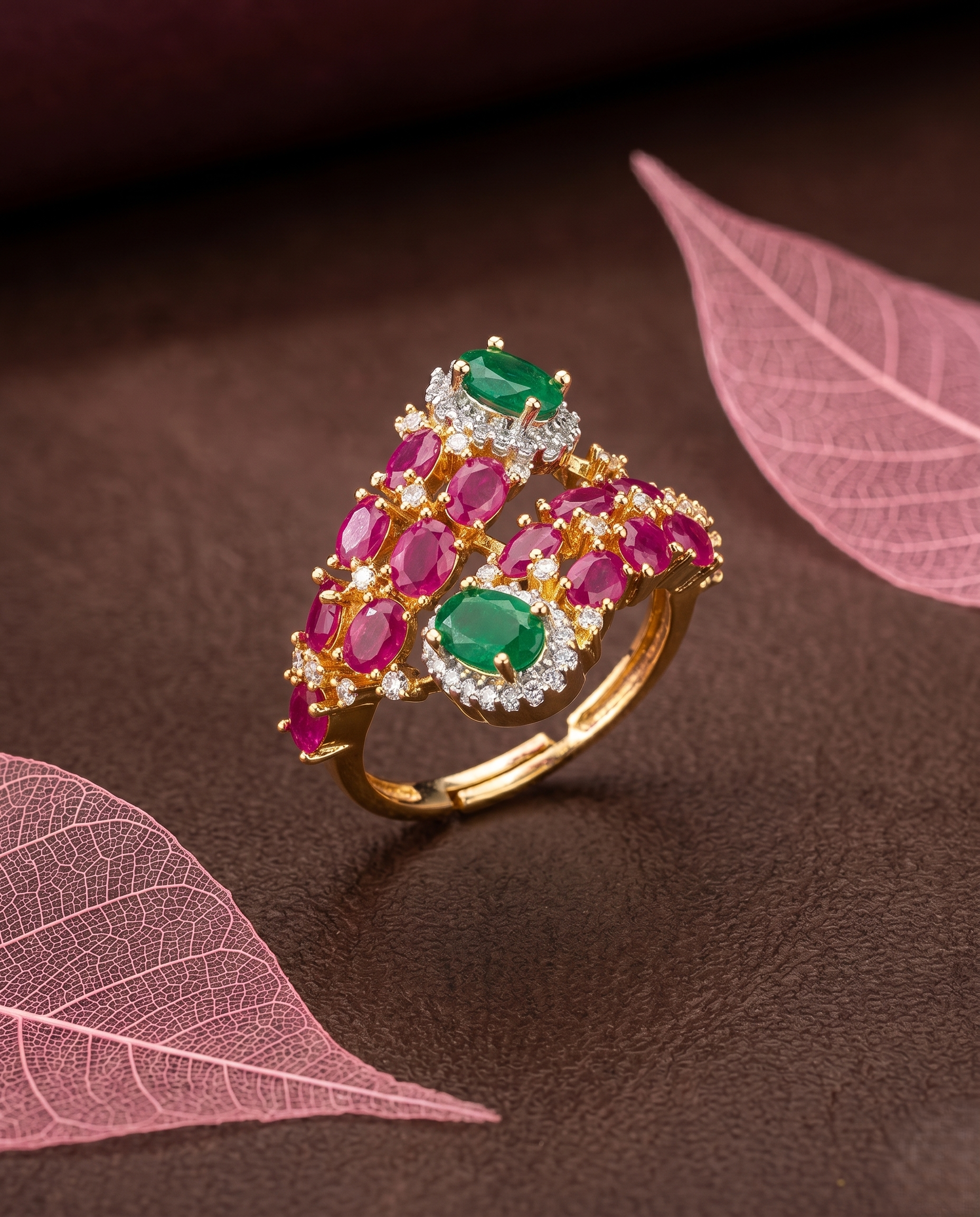Gold ring with emeralds rubies on a brown surface with pink leaves