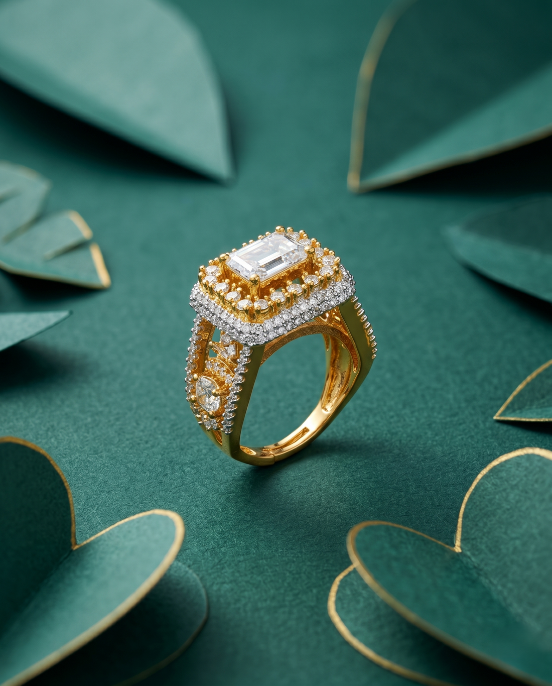 Gold ring with diamond accents on a green leafy background