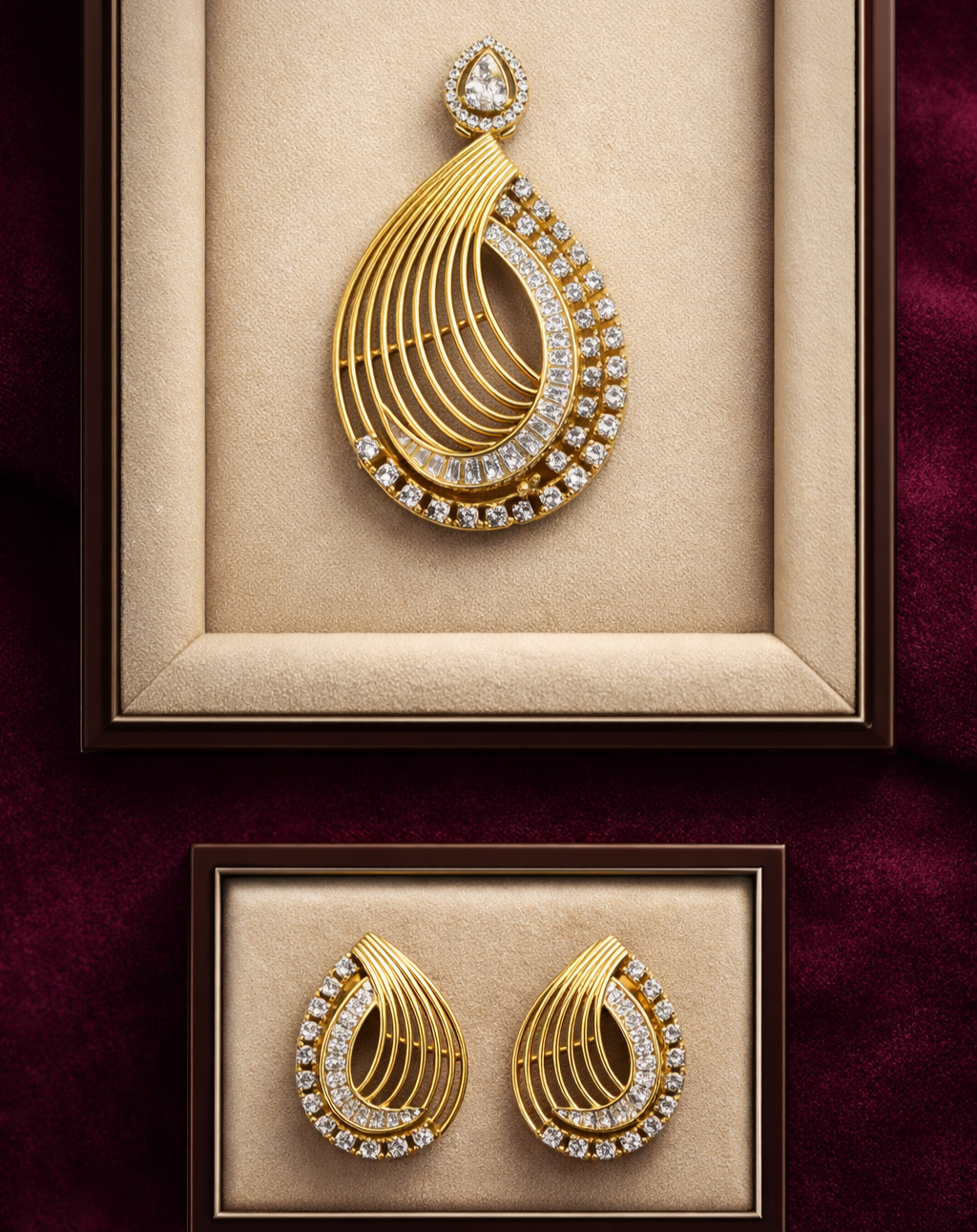 Luxury layered teardrop diamond pendant necklace with earrings in gold finish, premium jewellery to buy online