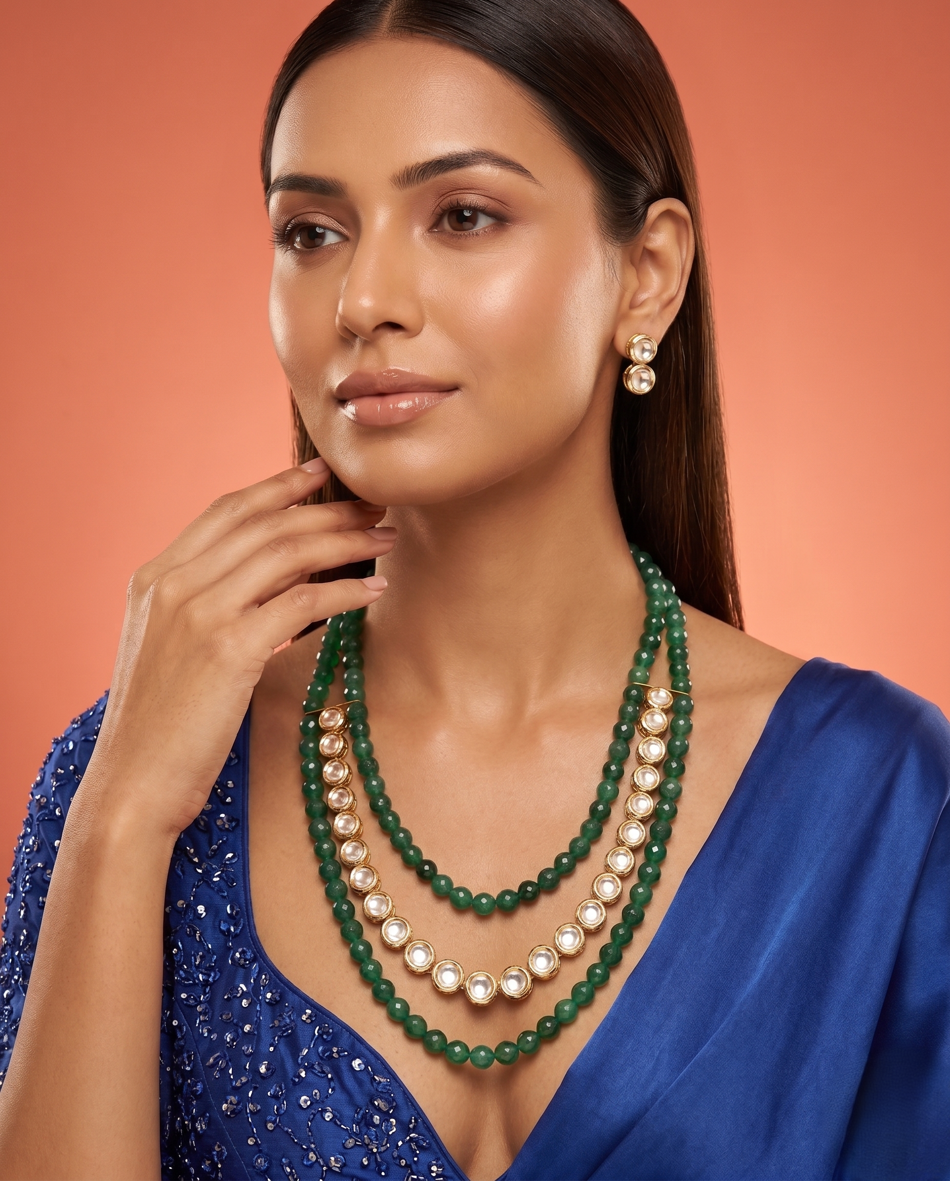 Green Bead Kundan Necklace Set with Stud Earrings – Gold Finish
