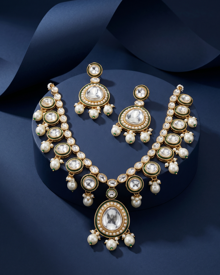 Green Kundan Necklace Set Pearl Drops – Traditional Indian Jewellery with blue background