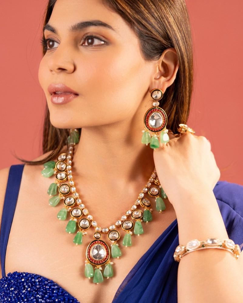 Green Kundan Necklace Set with Earrings & Bead Drops