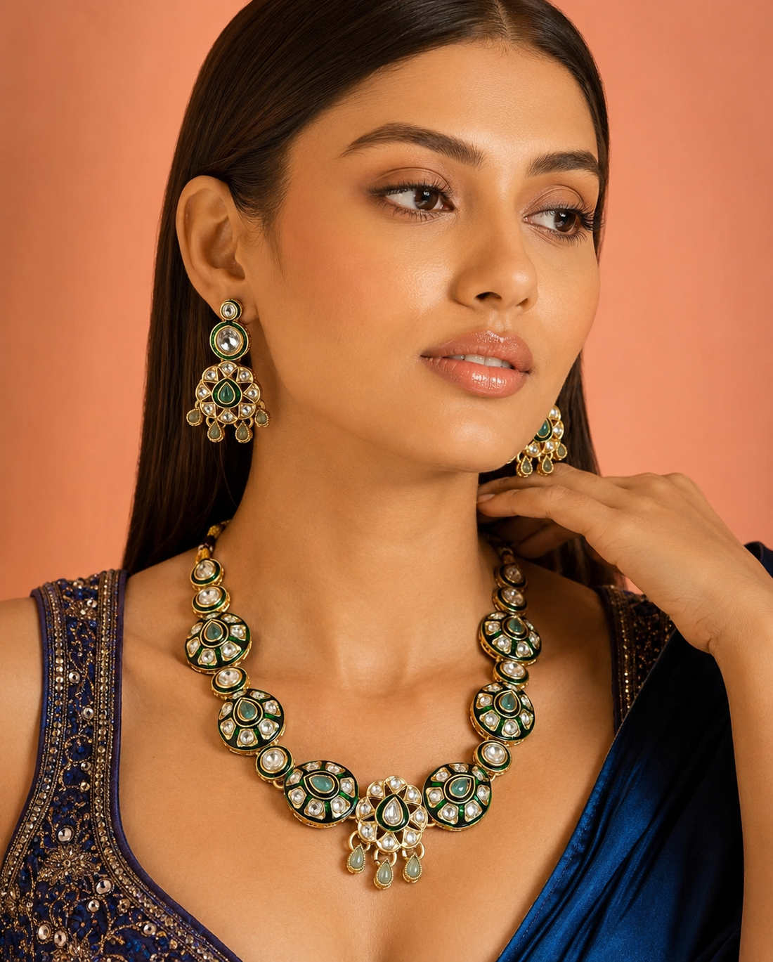 Green Kundan Necklace Set with Earrings and Maang Tikka
