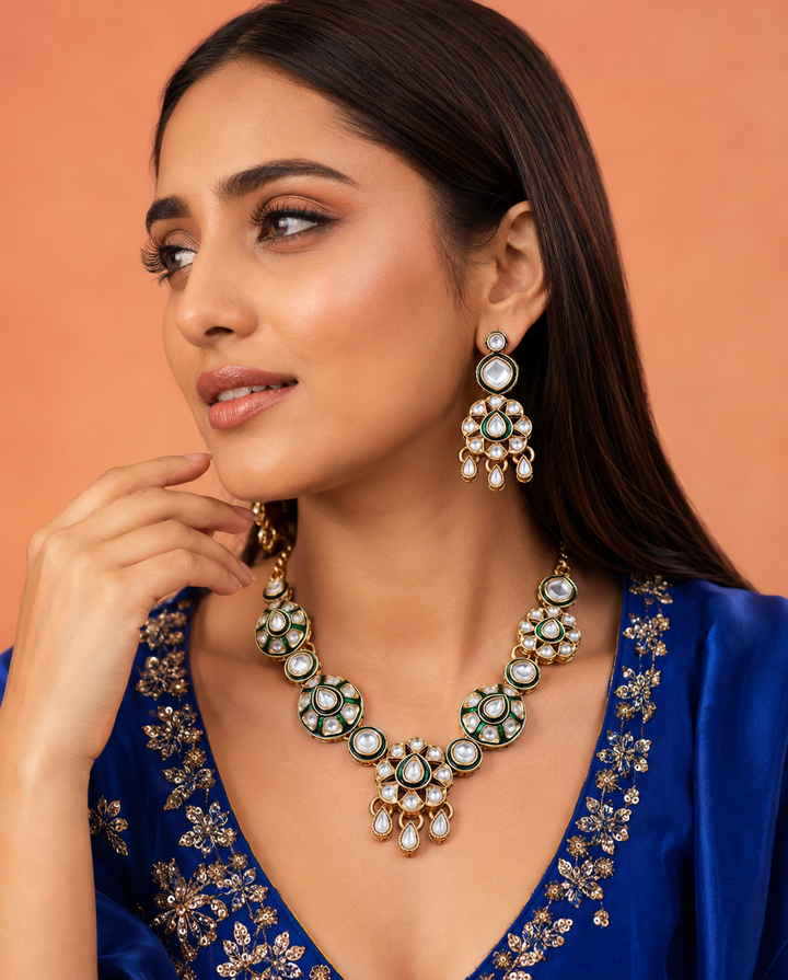 Green Kundan Necklace Set with Matching Earrings and Maang Tikka
