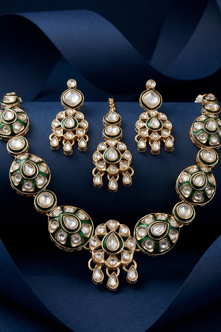 Green Kundan Necklace Set with Matching Earrings and Maang Tikka
 with blue background 