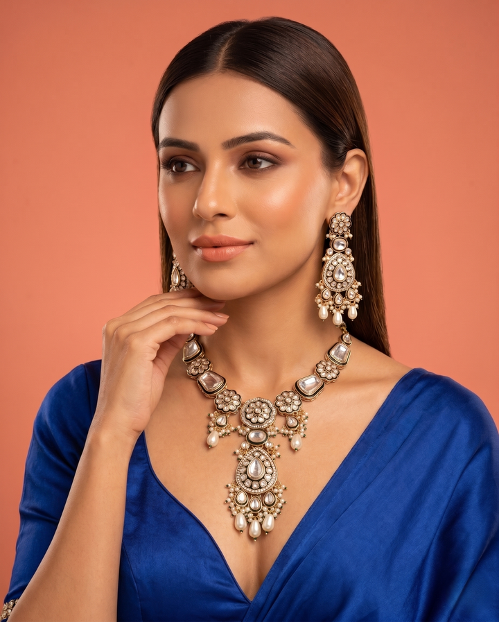 Green Kundan Necklace Set with Pearl Drops – Heavy Traditional Indian Jewellery
