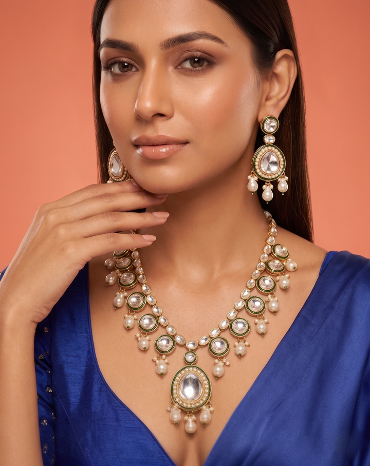 Green Kundan Necklace Set with Pearl Drops – Traditional Indian Jewellery
