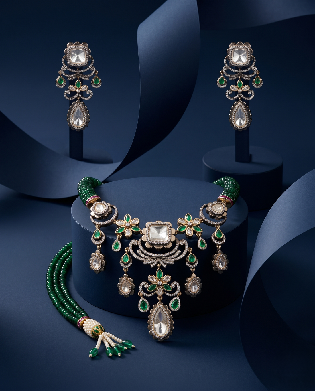 Green Kundan Necklace Set with Pendant & Earrings | Bridal Jewellery
with blue background 