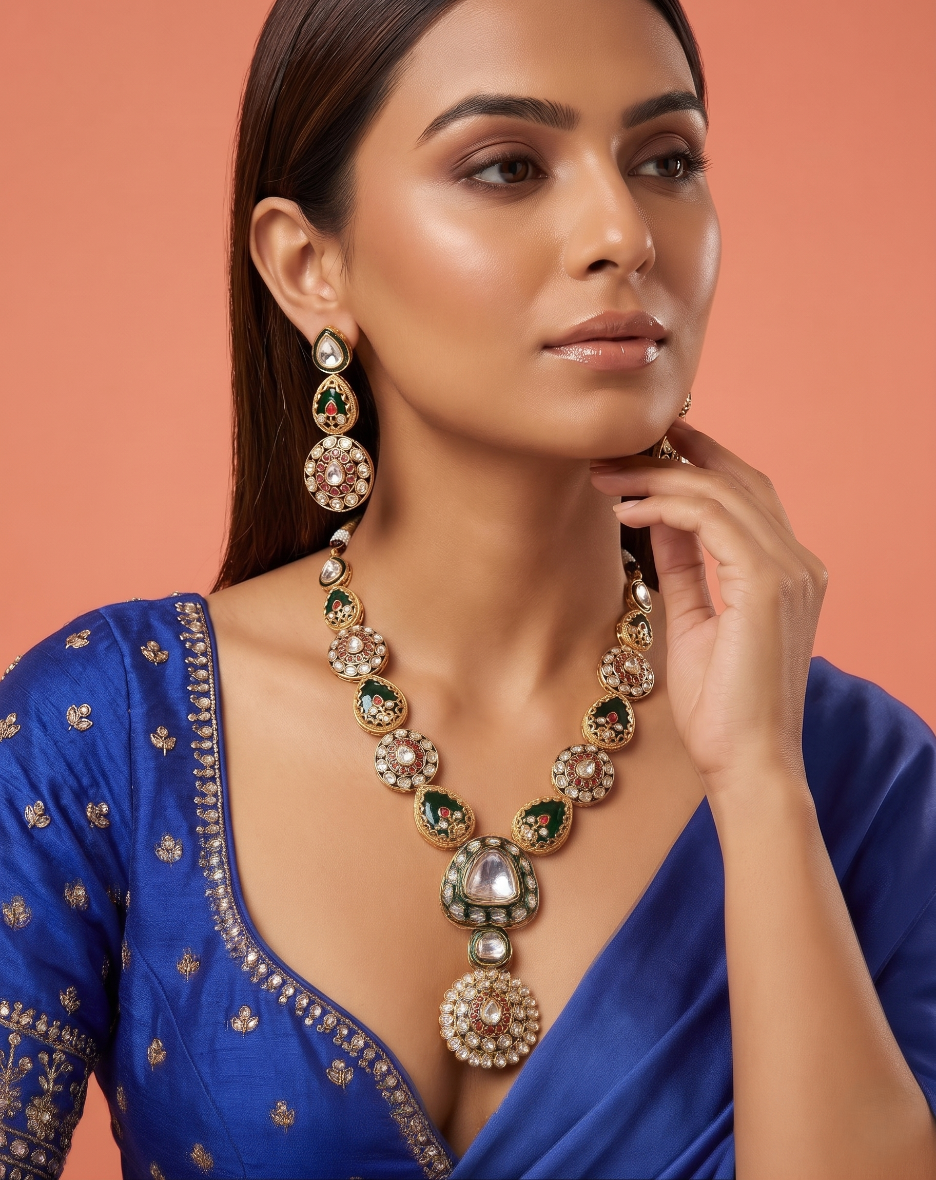 Green Kundan Necklace Set with Red Stone Accents – Traditional Indian Jewellery
