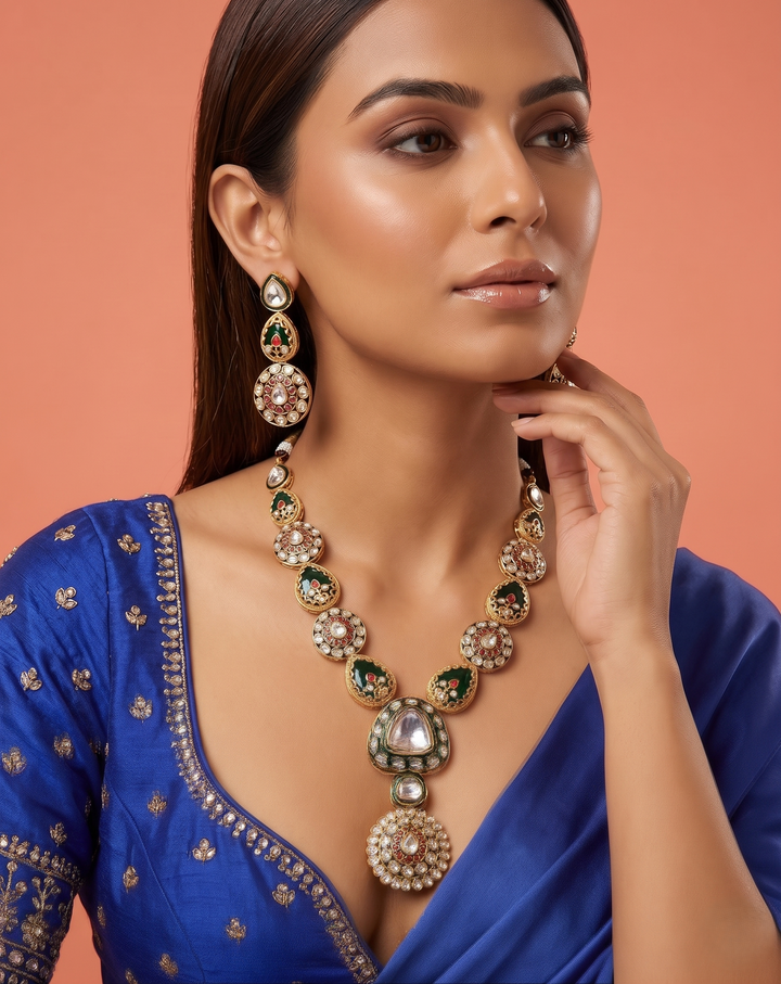Green Kundan Necklace Set with Red Stone Accents – Traditional Indian Jewellery
