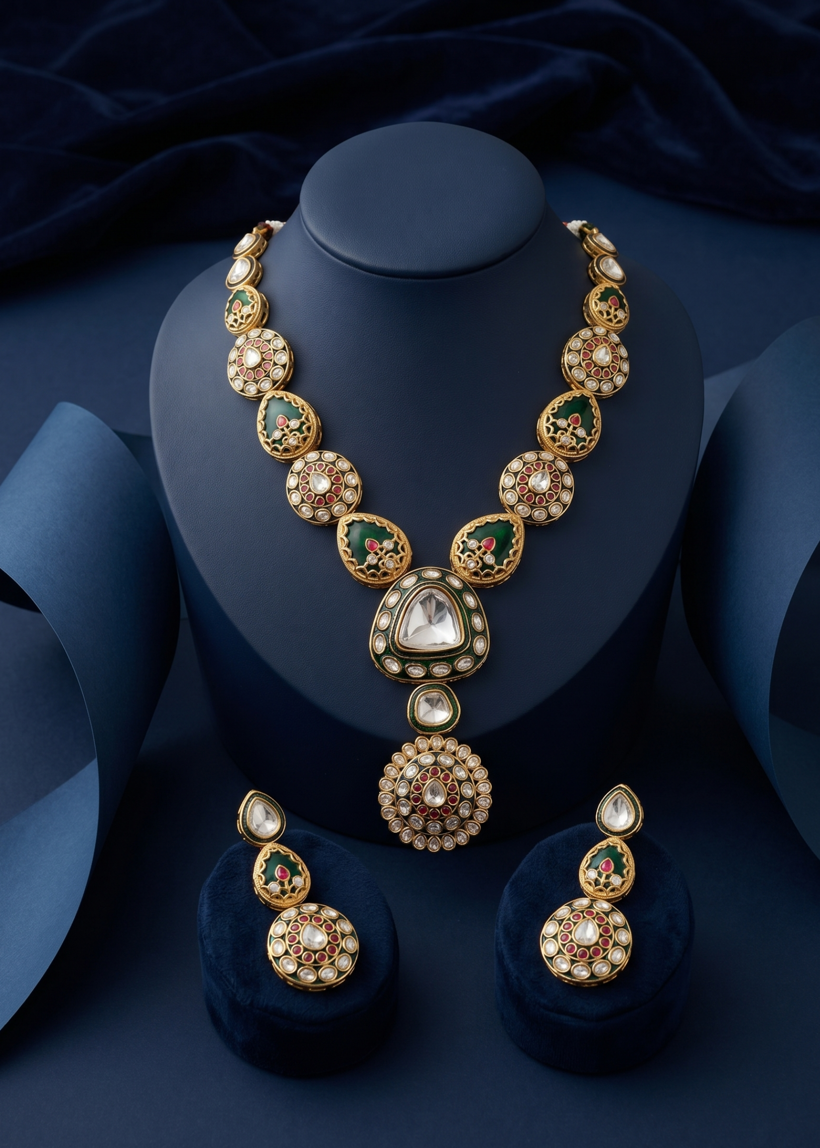 Green Kundan Necklace Set with Red Stone Accents – Traditional Indian Jewellery with blue background 