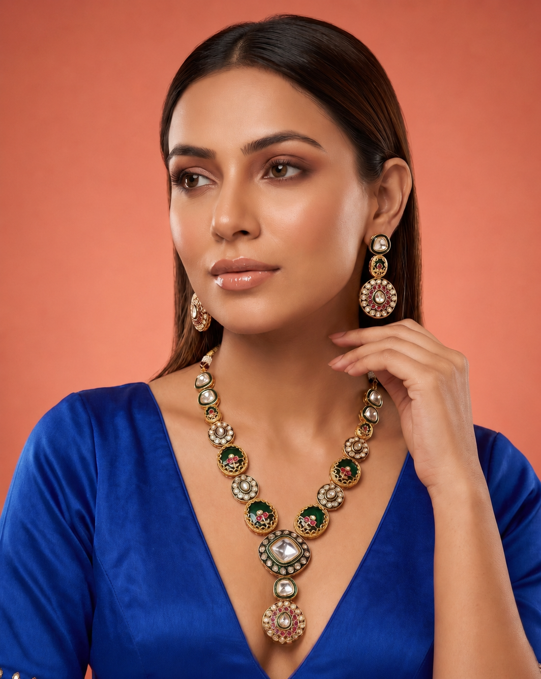 Green Kundan Necklace Set with Red Stone Detailing – Traditional Indian Jewellery
