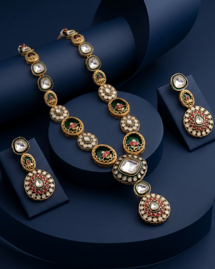 Green Kundan Necklace Set with Red Stone Detailing – Traditional Indian Jewellery with blue background 
