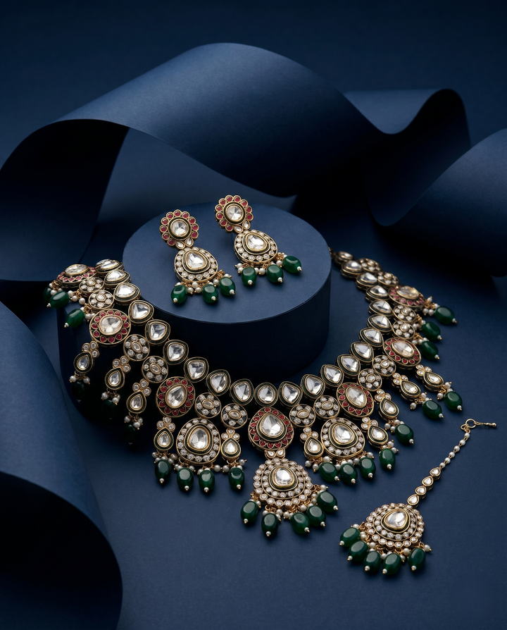 Green Kundan Pearl Necklace Set with Earrings & Maang Tikka with blue background 