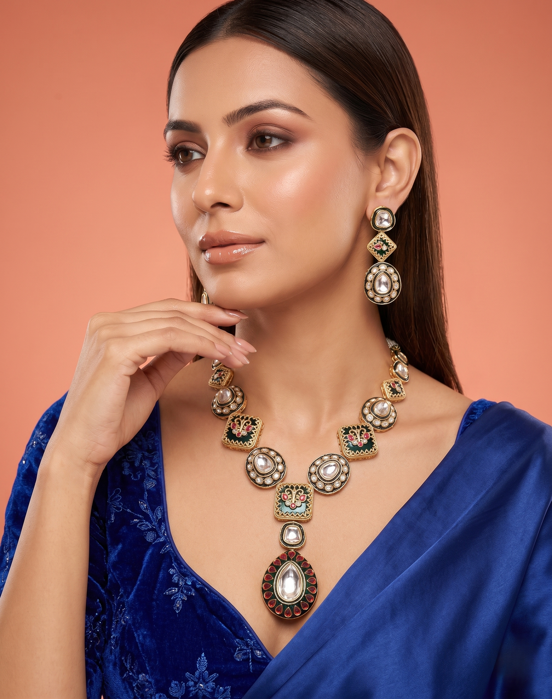 Green Meena Kundan Necklace Set with Earrings
