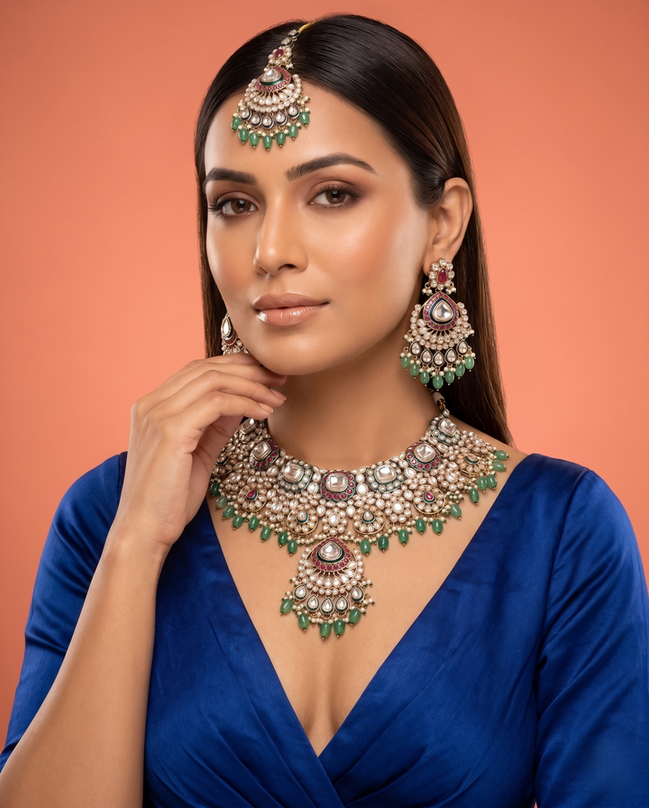 Green Ruby Kundan Pearl Bridal Necklace Set with Earrings & Maang Tikka
