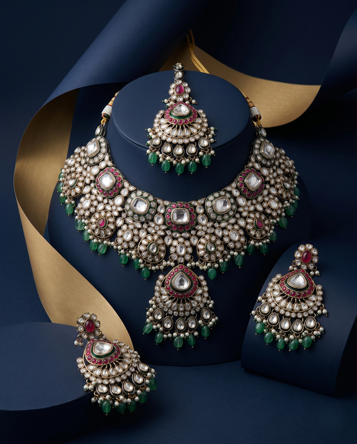 Green Ruby Kundan Pearl Bridal Necklace Set with Earrings & Maang Tikka with blue background
