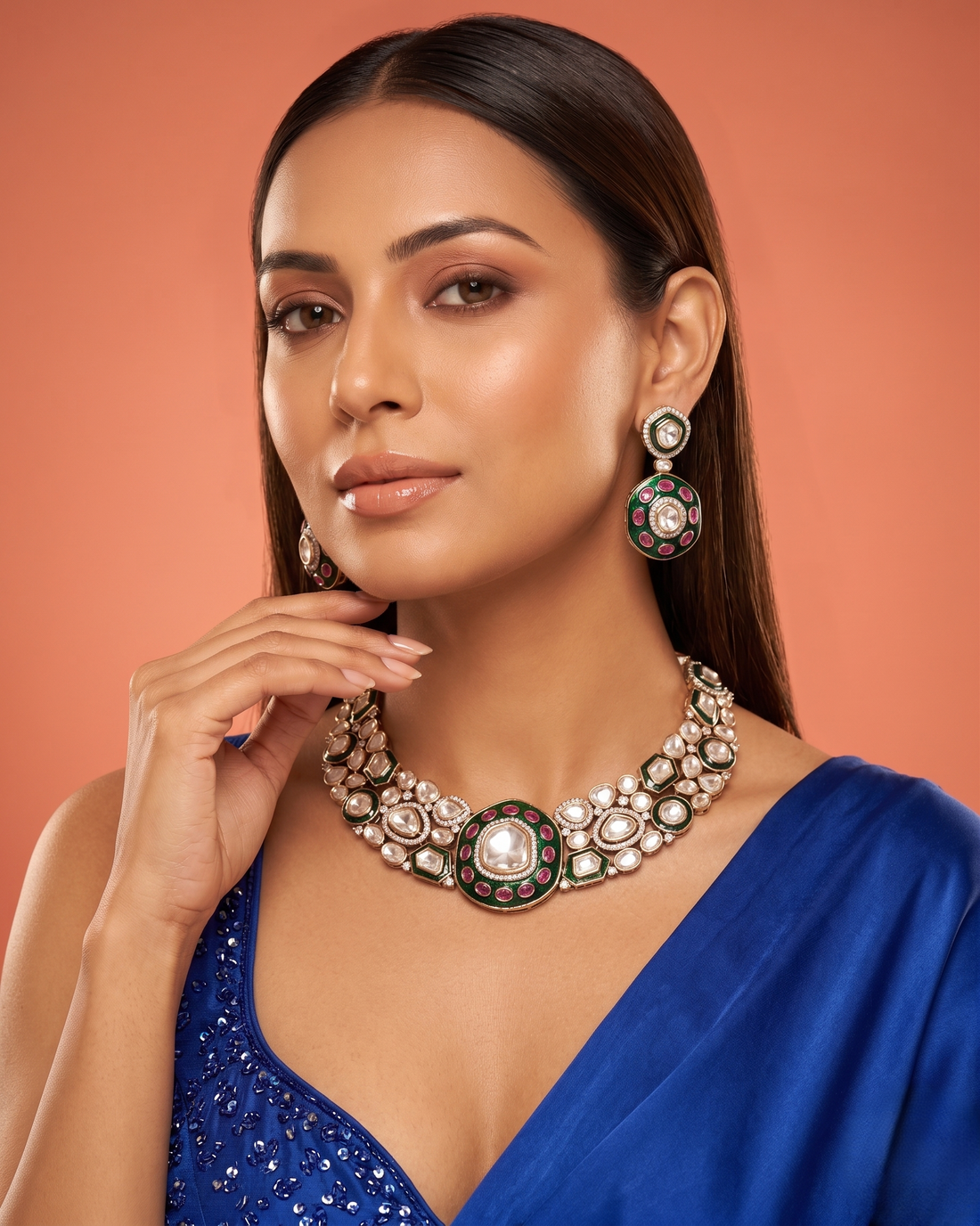 Green & Ruby Polki Style Necklace Set with Matching Earrings – Gold Finish
