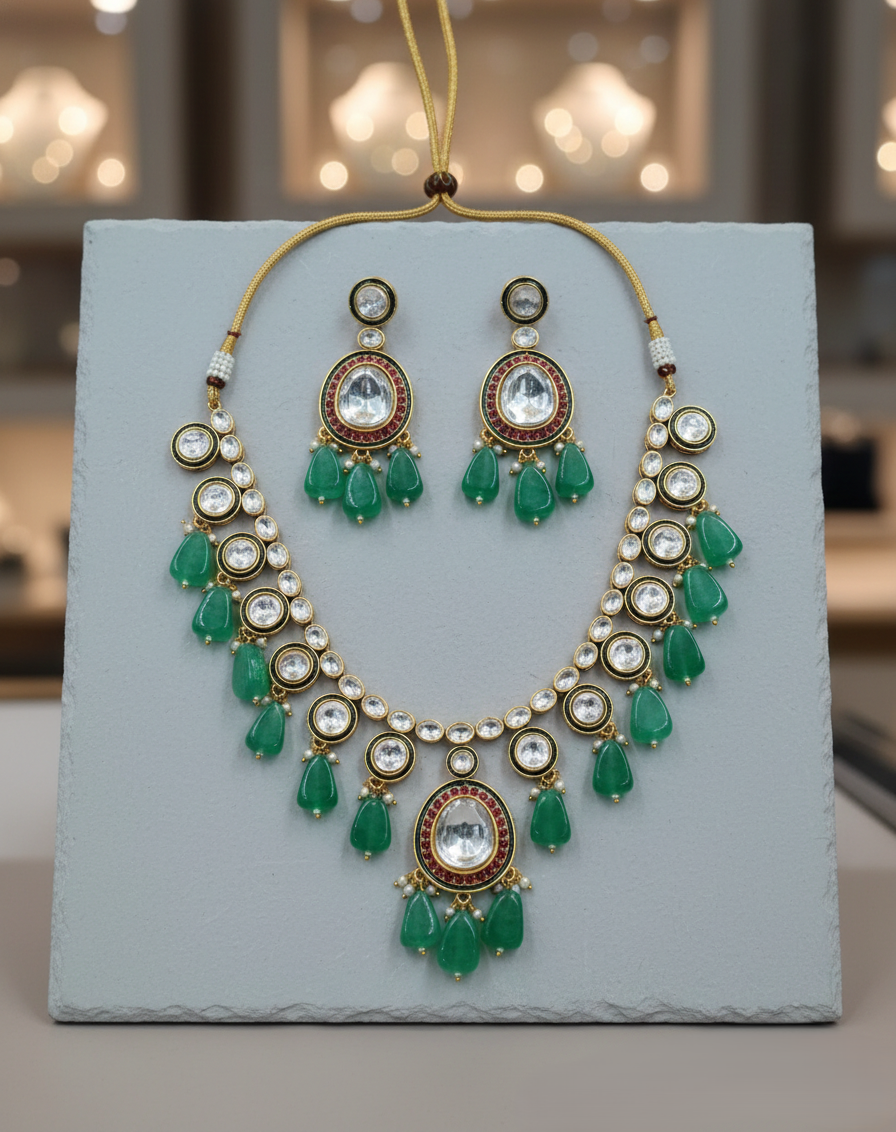 Green kundan necklace set with earrings and bead drops, traditional Indian jewellery
