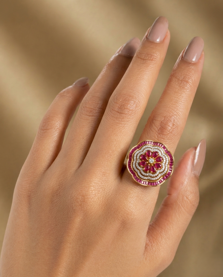 Hand wearing a decorative ring with a floral design on a beige background