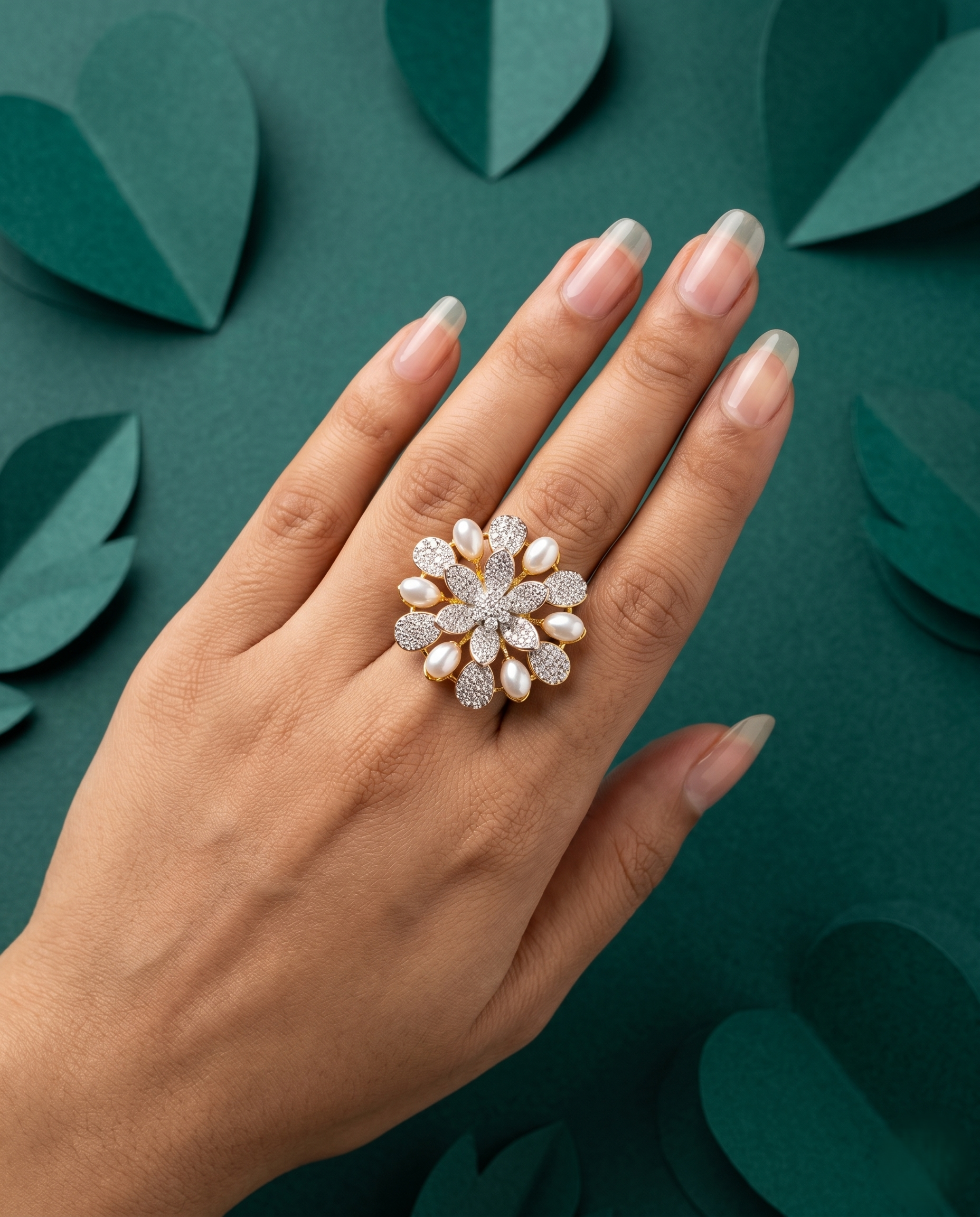 Hand wearing a decorative ring with pearls and crystals against a green leaf-patterned background