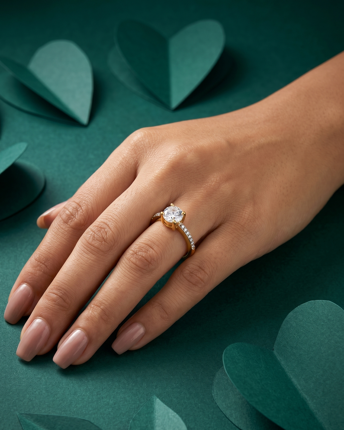 Hand wearing a gold ring with a diamond on a green background with heart shapes