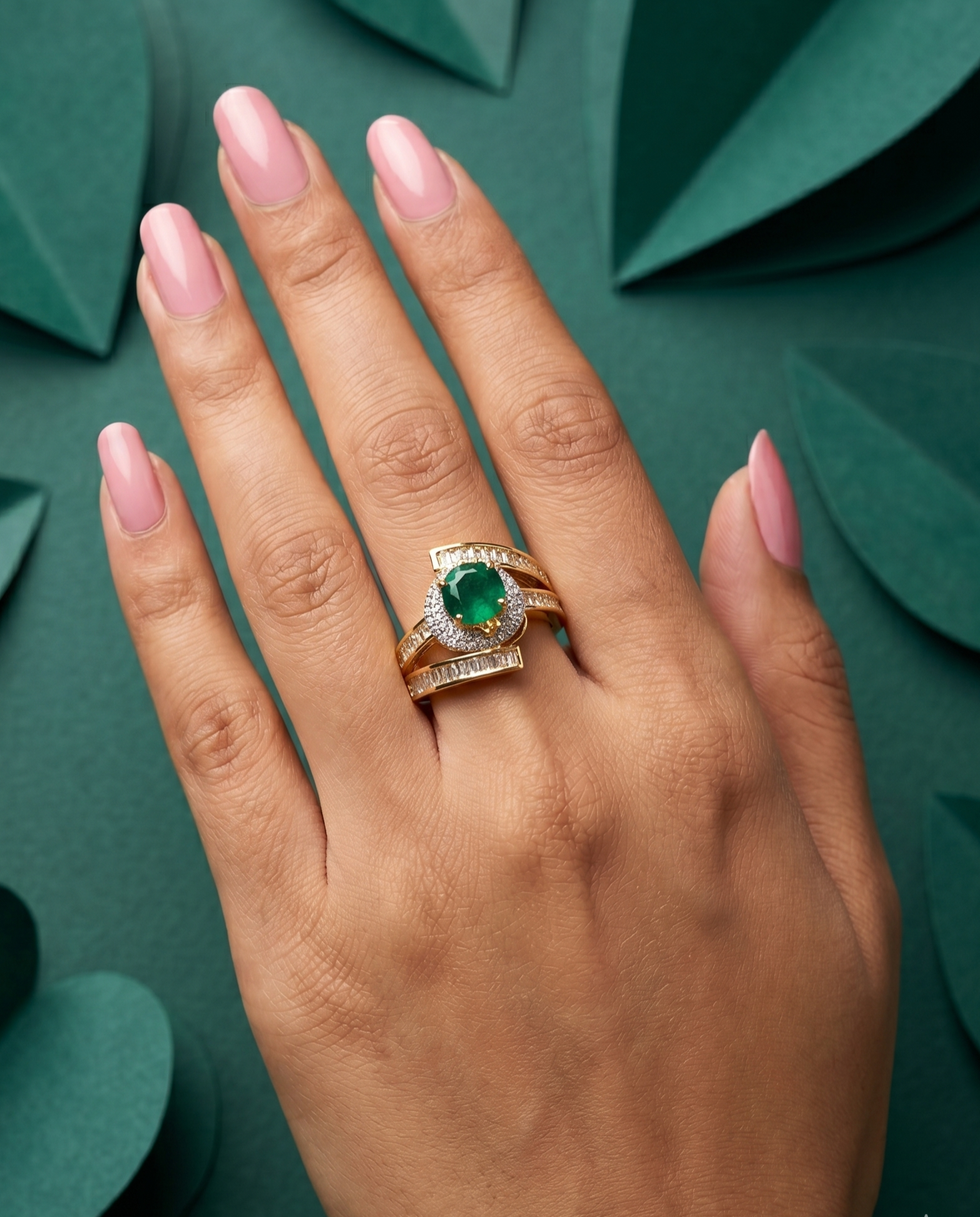 Hand wearing a gold ring with a green gemstone against a green background