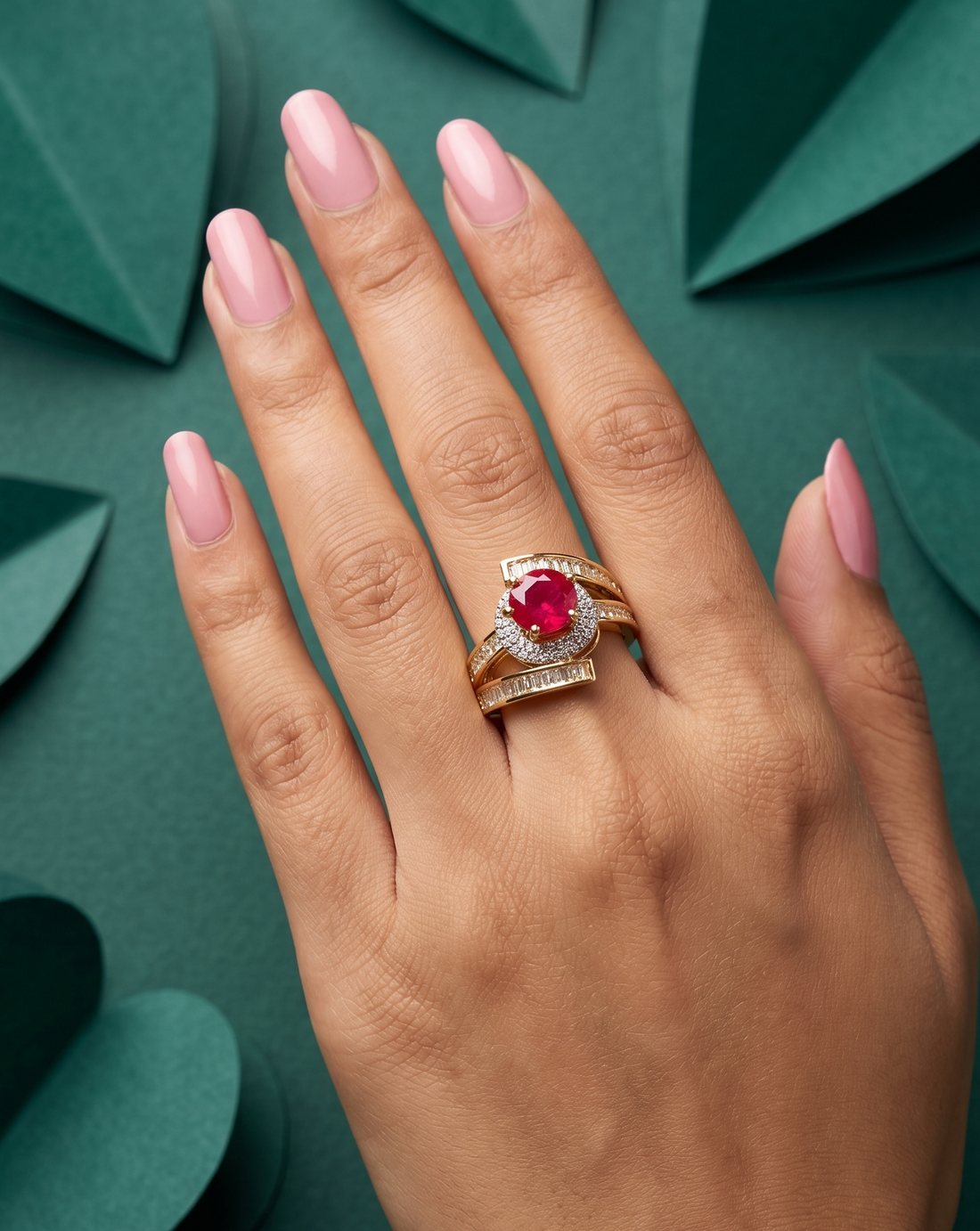 Hand wearing a gold ring with a red gemstone against a green leafy background
