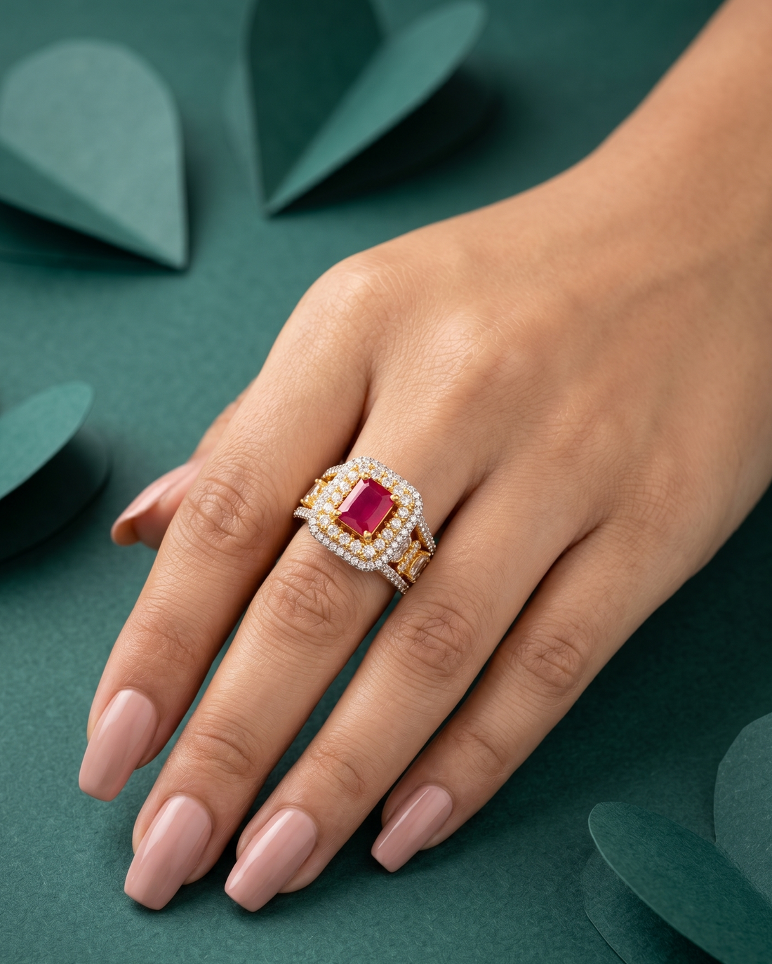 Hand wearing a gold ring with a red gemstone on a green background