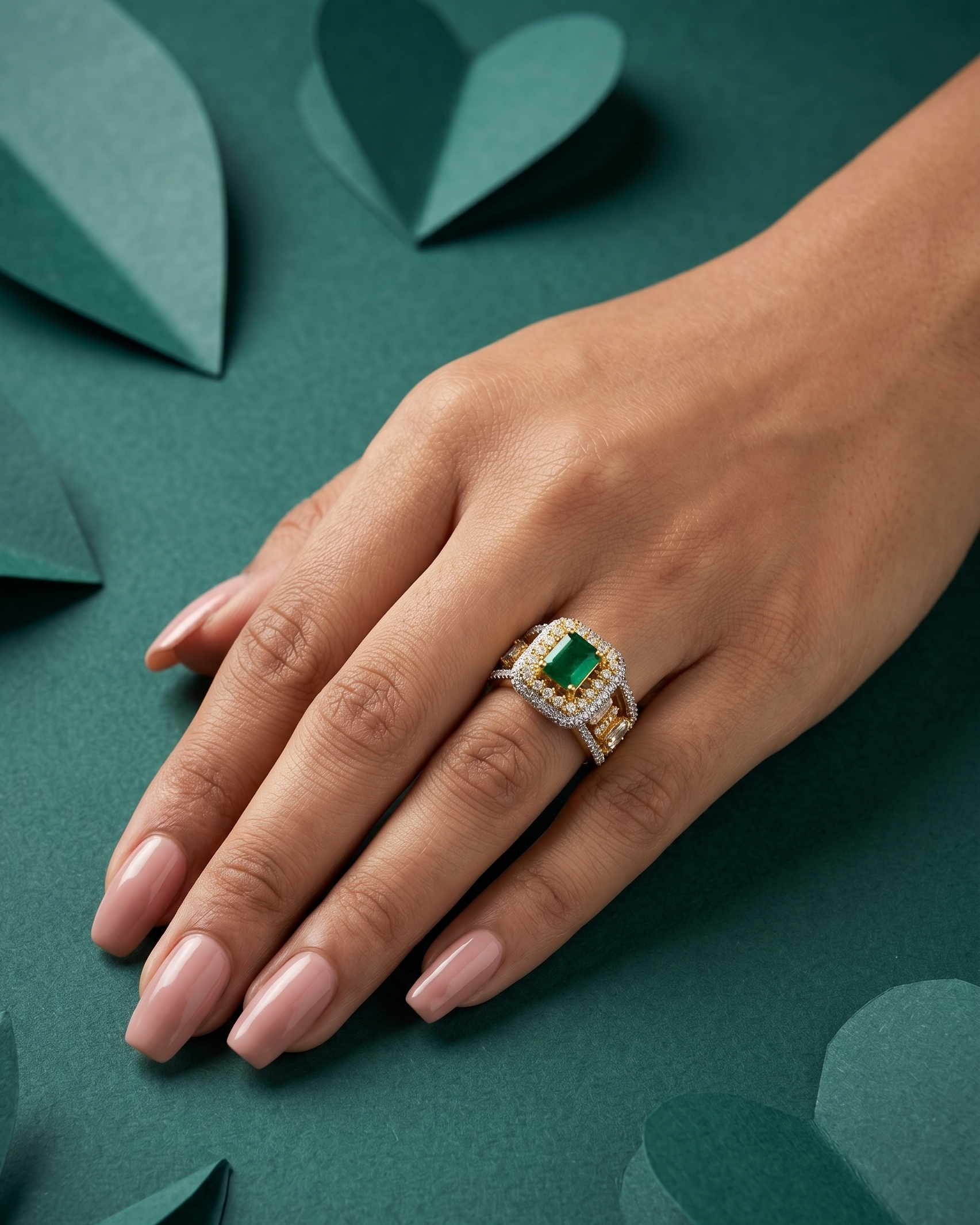Hand wearing a gold ring with an emerald stone on a green leafy background