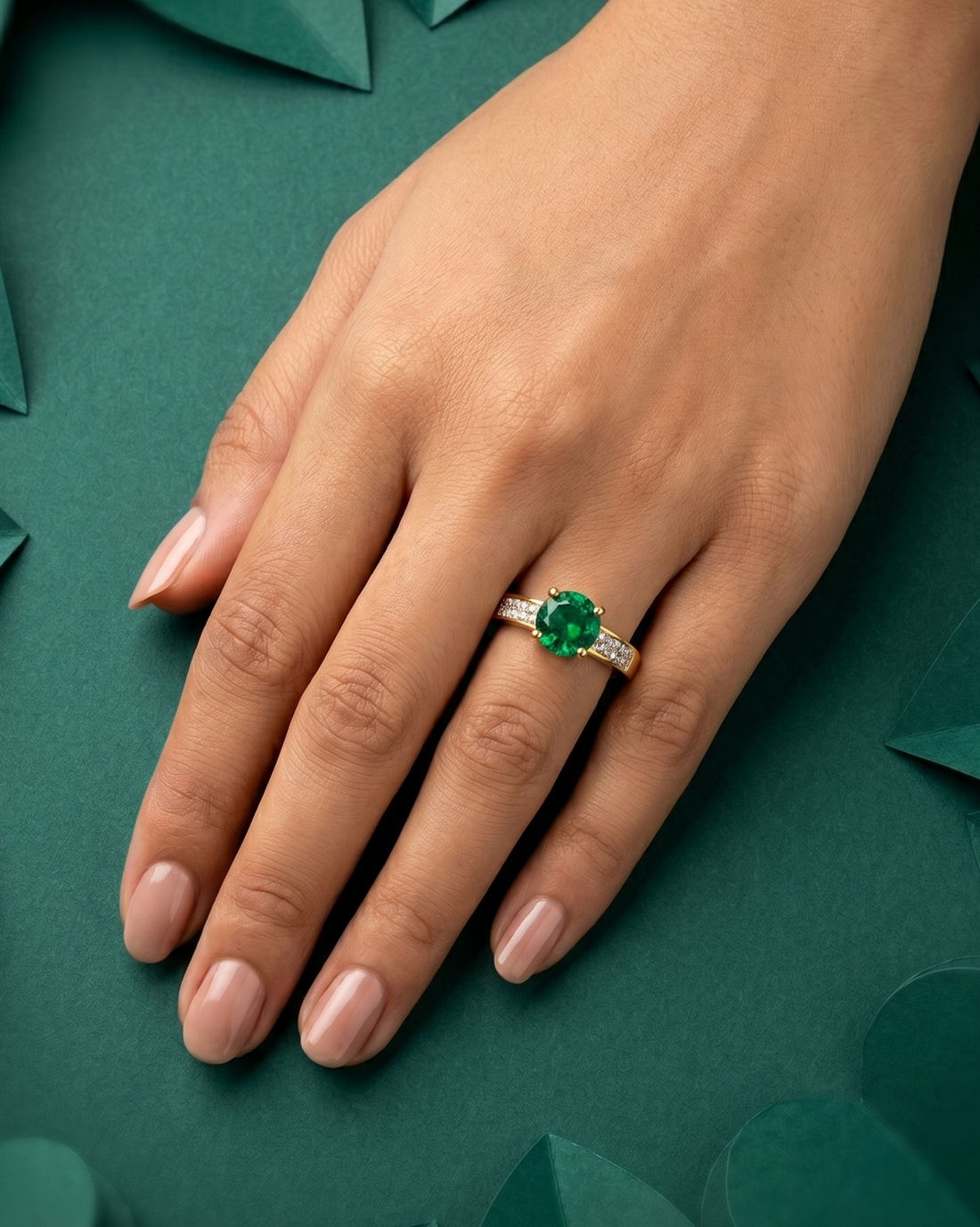 Hand wearing a green emerald ring on a green leafy background
