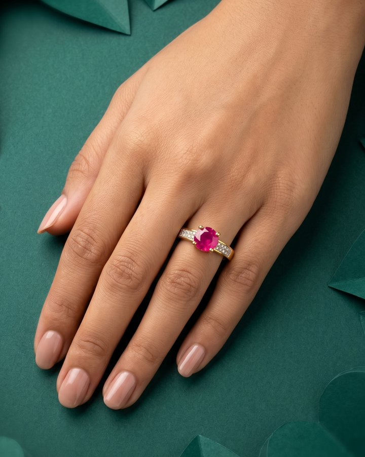 Hand wearing a ring with a pink gemstone on a green background