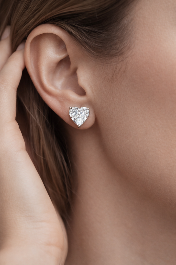 Diamond style heart shape stud earrings for women, modern minimal design