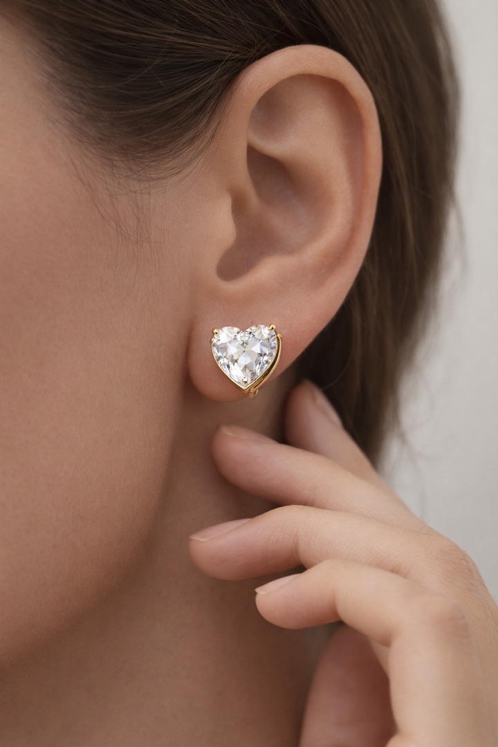Gold polish heart shape diamond stud earrings for women, elegant everyday jewellery