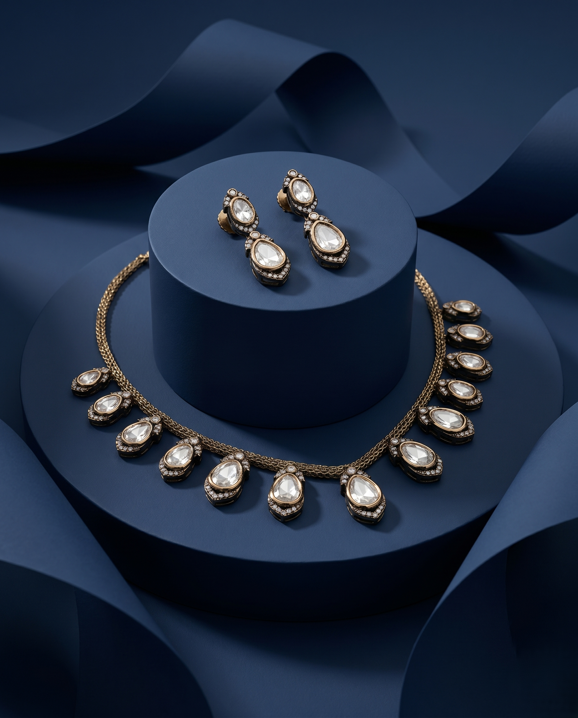 Heritage Drop Necklace Set – Elegant Bridal Statement with blue background
