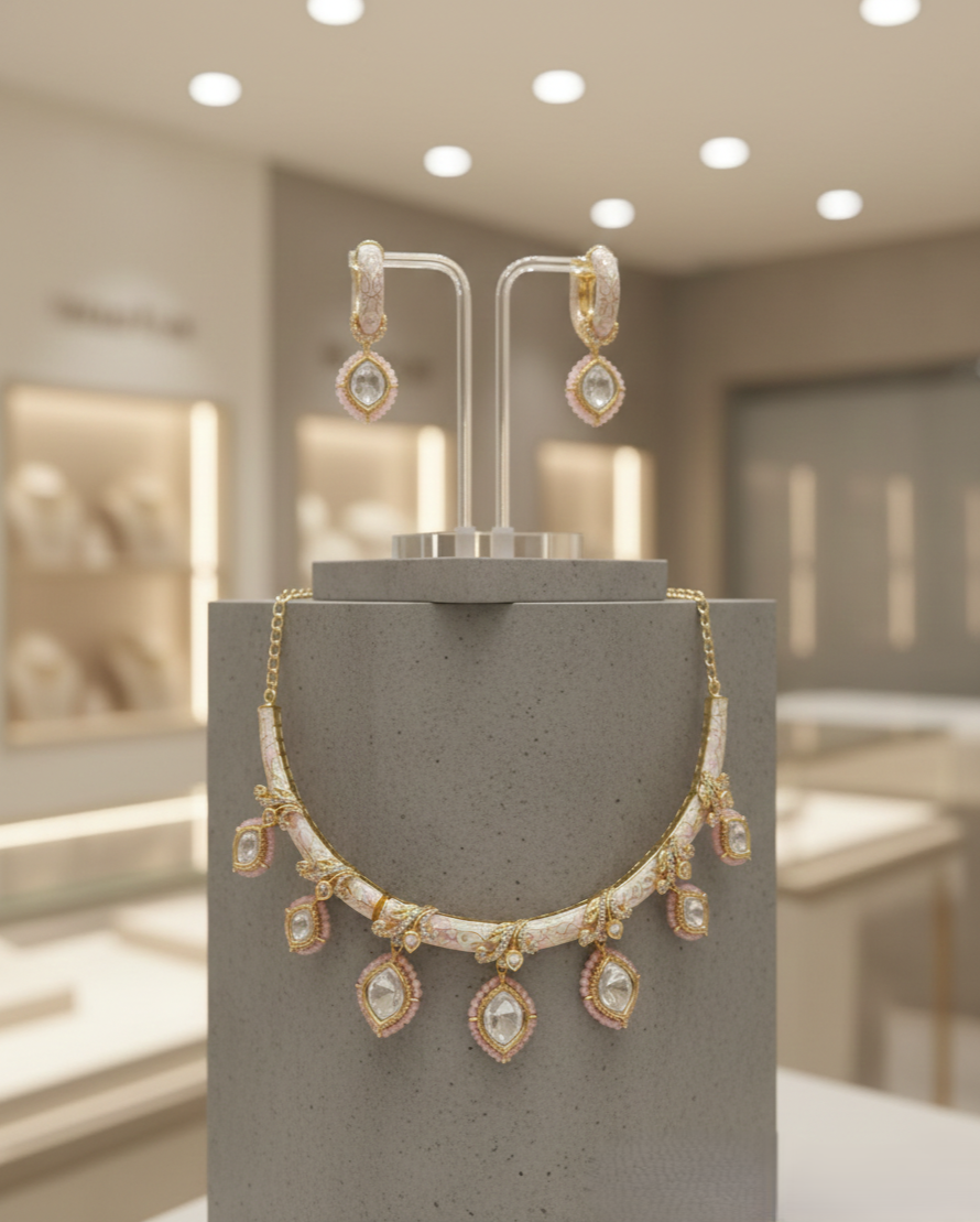 Pastel pink enamel kundan necklace set with teardrop accents and coordinated earrings