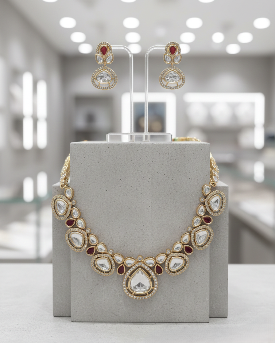 White kundan necklace set highlighted with red accents for bridal wear