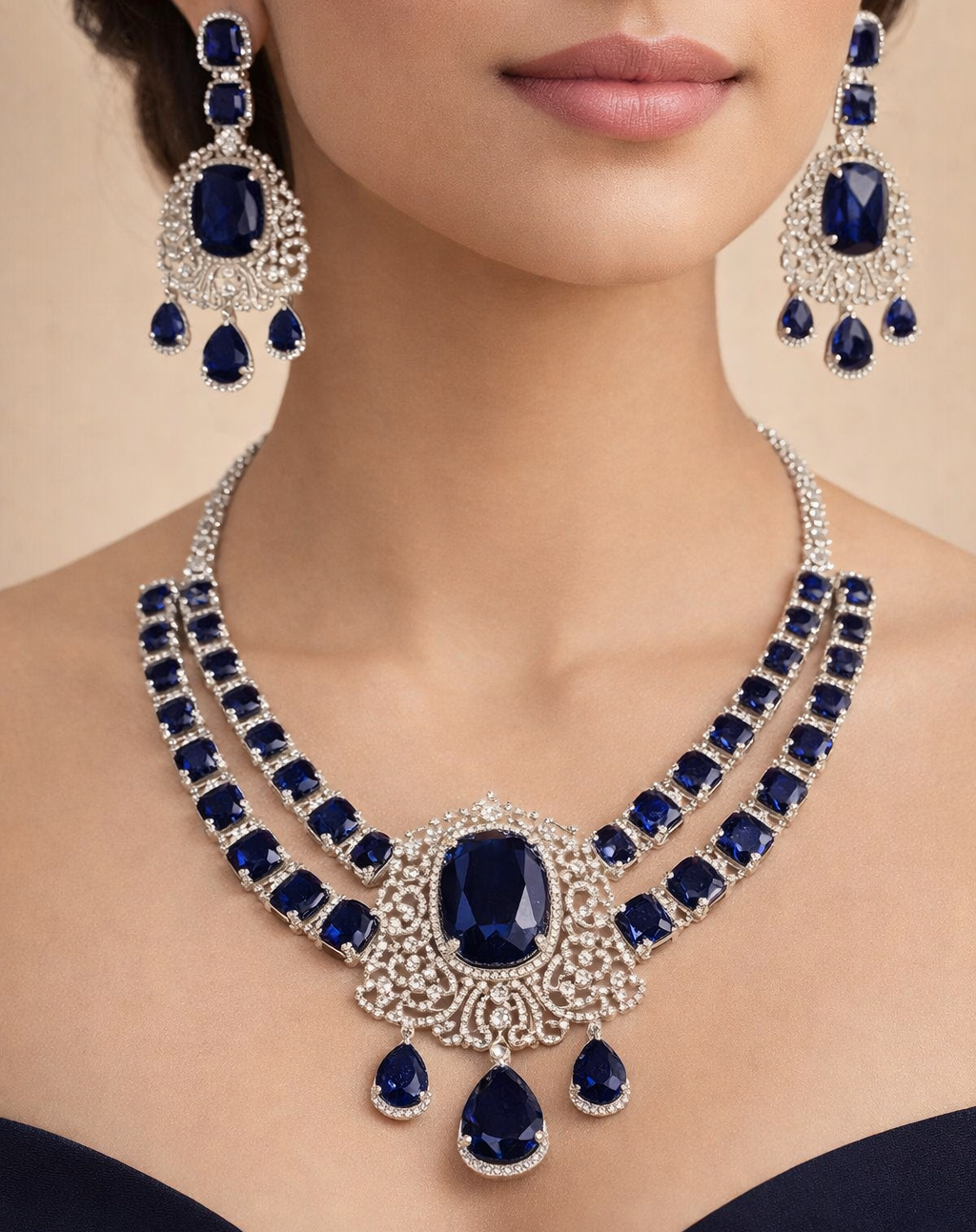 Elegant royal blue stone diamond necklace set with earrings, festive and party wear jewellery