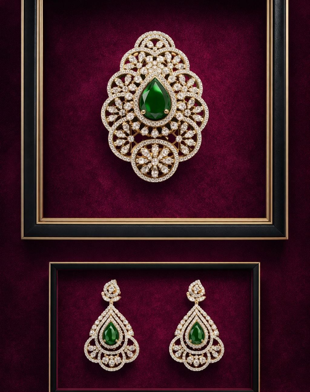 Jewelry set with green gemstones and gold accents on a dark red background