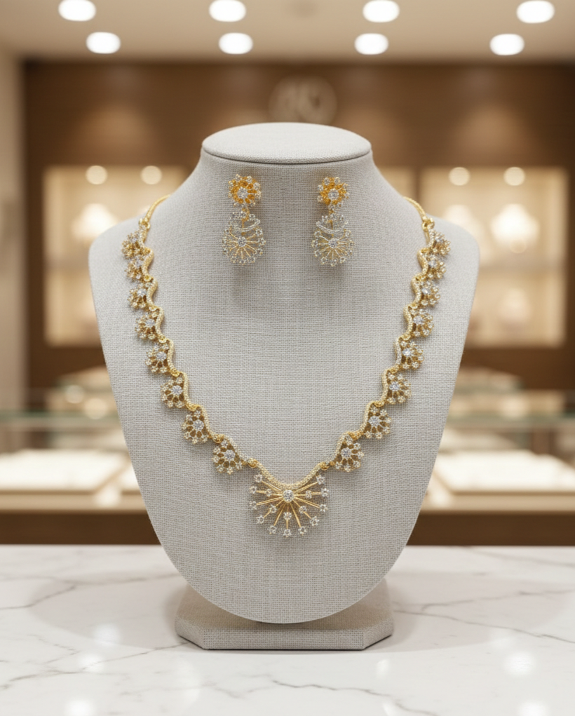 Jewelry set with necklace and earrings on a mannequin bust in a store setting.
